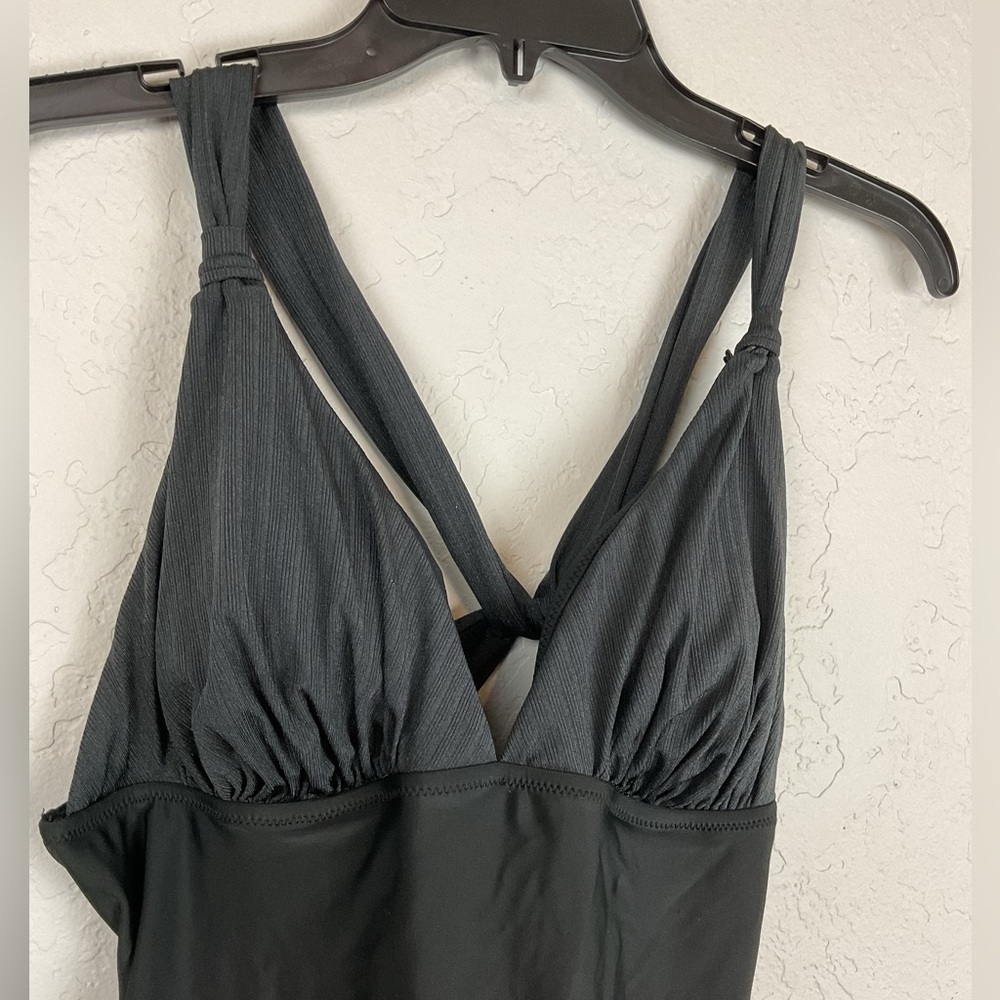 Women’s Black V Neck Criss Cross Backless Rib One Piece Swimsuit Plunge Size XL - Picture 4 of 11